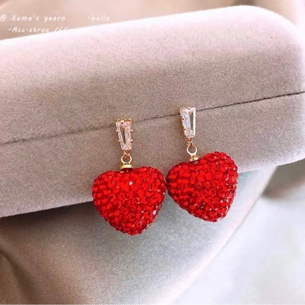 Red Heart Crystal Drop Earrings - Women Jewelry